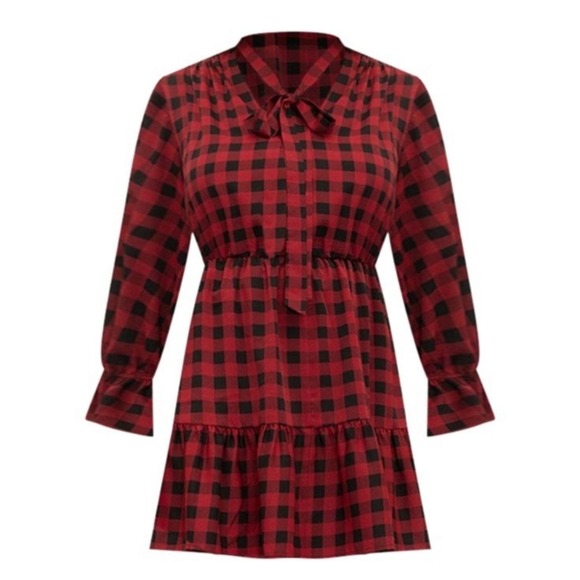 ELOQUII Elements Tie Neck Flounce Buffalo Plaid Midi Dress Size 14 - Picture 3 of 11